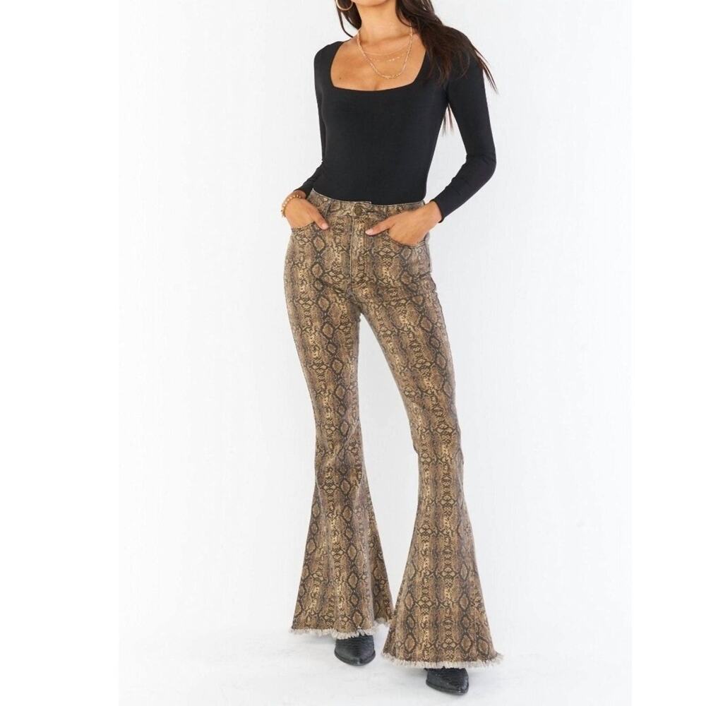 NEW Show Me Your Mumu Jeans 28 Flare Berkeley Bells Queen Cobra Snake Raw Hem